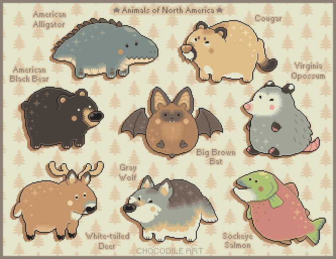 Sprite pixel art animals that look like fat little lumps with tiny dot eyes. From top left: American Alligator, Cougar, American Black Bear, Big Brown Bat, Virginia Opossum, White-tailed Deer, Gray Wolf, Sockeye Salmon. They will be sold at Midwest Furfest 2025.