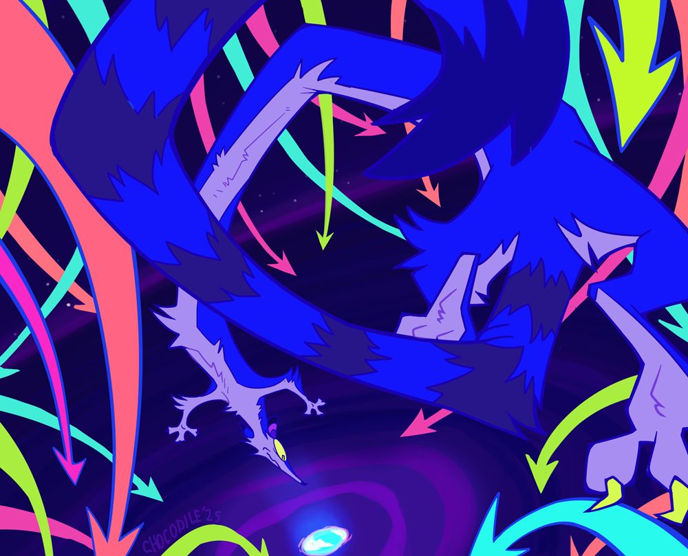 A cartoony blue weasel creature hurtles through space toward a tiny target. Around it, dozens of arrows representing alternate paths and timelines go astray, missing, presumably to disappear into the darkness and flicker out.
