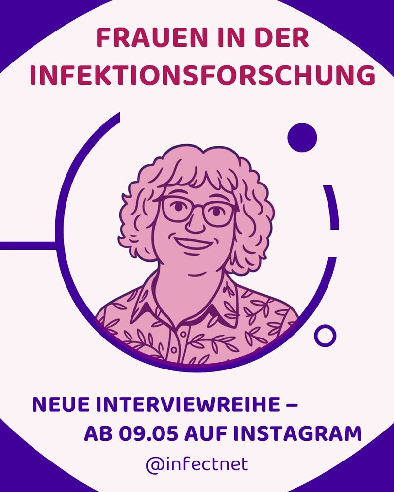Illustration: Teaser zur Interviewreihe von Infect-Net: Frauen in der Infektionsforschung, die ab dem 9. Mai 2025 auf Instagram unter @instagram startet. Die Abbildung zeigt ein Comic mit dem Porträt einer Frau im Fokus eines Mikroskops. 