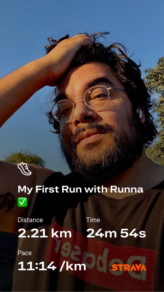 A sexy brown person in a debaser tank top stares angrily at the camera in golden light. There are some stats on the screen.

My First Run with Runna
Distance 2.21 km
Time 24m 54S
Pace 11:14/km
