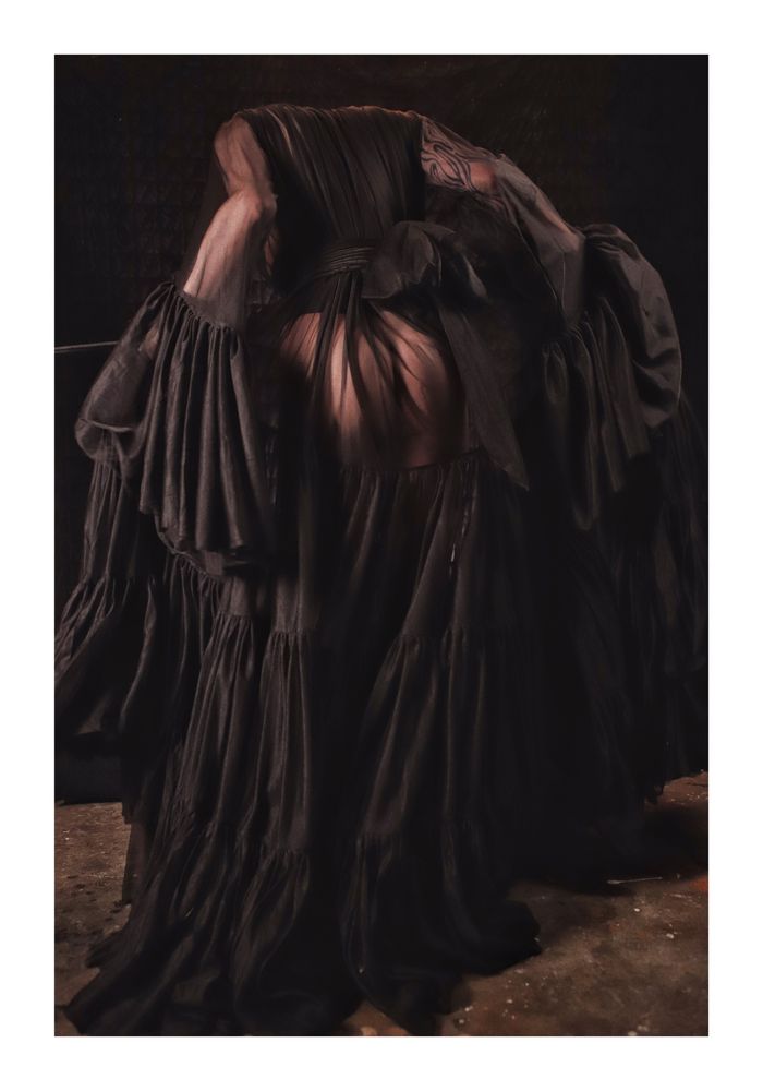 Photo shows rear view of figure in a large sheer ruffled gown. The figure’s ass is just about able to be made out. They are holding the large flared ruffled sleeves out either side of their body.