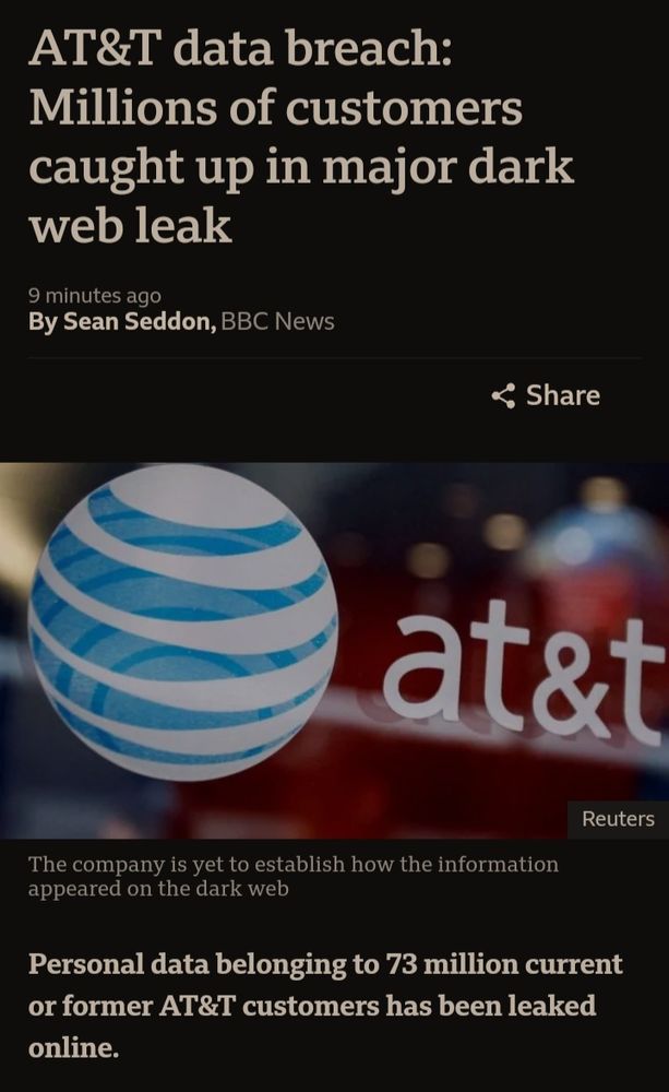 AT&T data breach.
Millions of customers caught up in major dark web leak.
Personal data belonging to 73 million current or former AT&T customers has been leaked online.