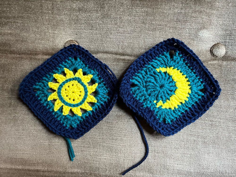 Two photos of granny square sun and moon