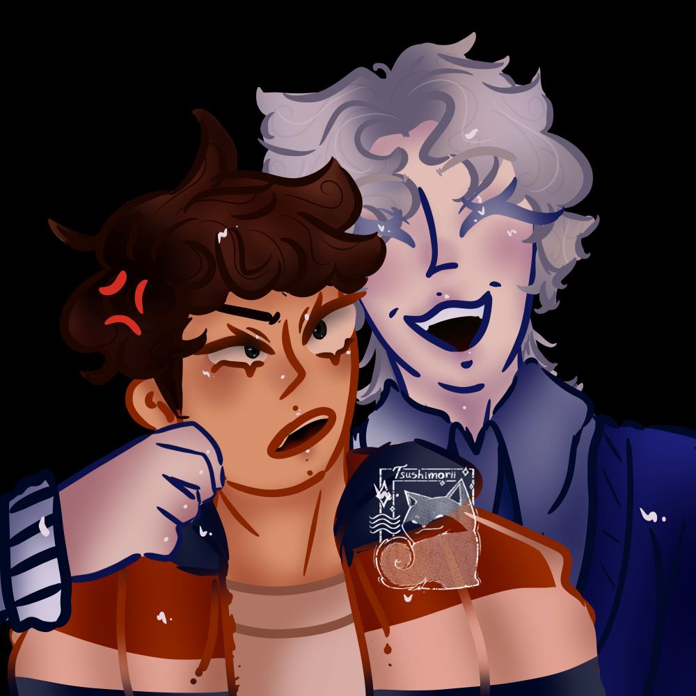 Arte dos personagens Auggie e Winnie do jogo Cold Front, Winnie está puxando a bochecha do Auggie