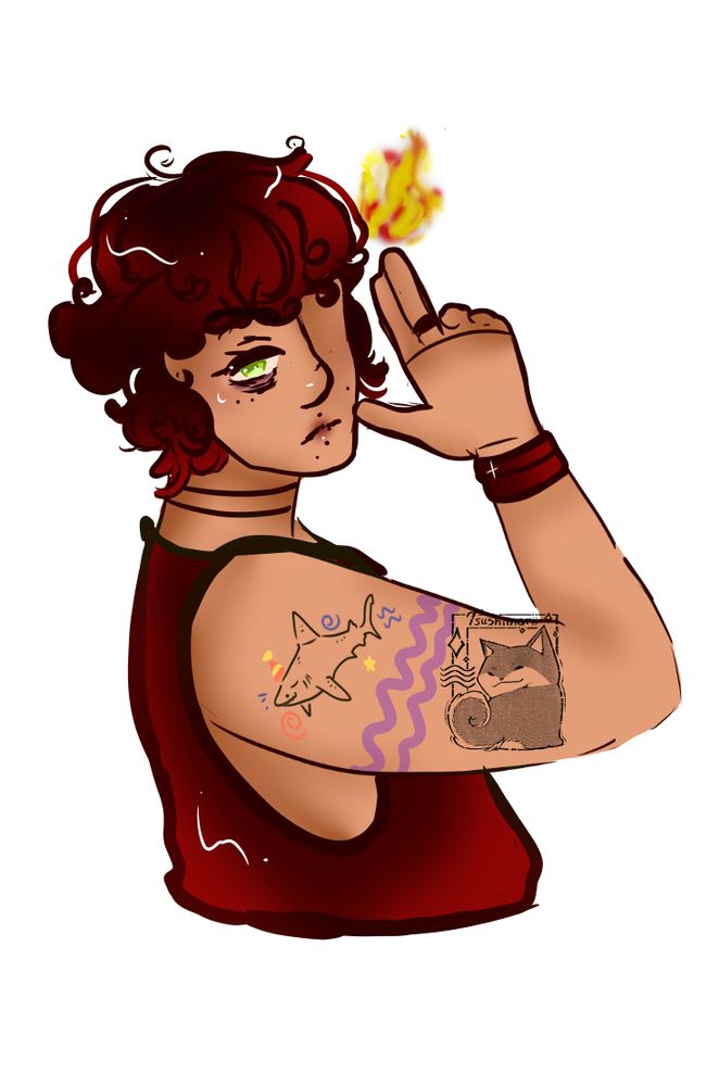 desenho rabiscado do meu personagem Maco para o desafio de desenho de outubro, ele está usando roupas vermelhas e tem uma pequena chama na ponta dos seus dedos