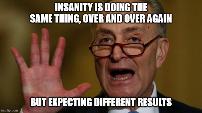 Image of Schumer crying while holding up a hand, with the caption 
"Insanity is doing the same thing, over and over again, but expecting different results."