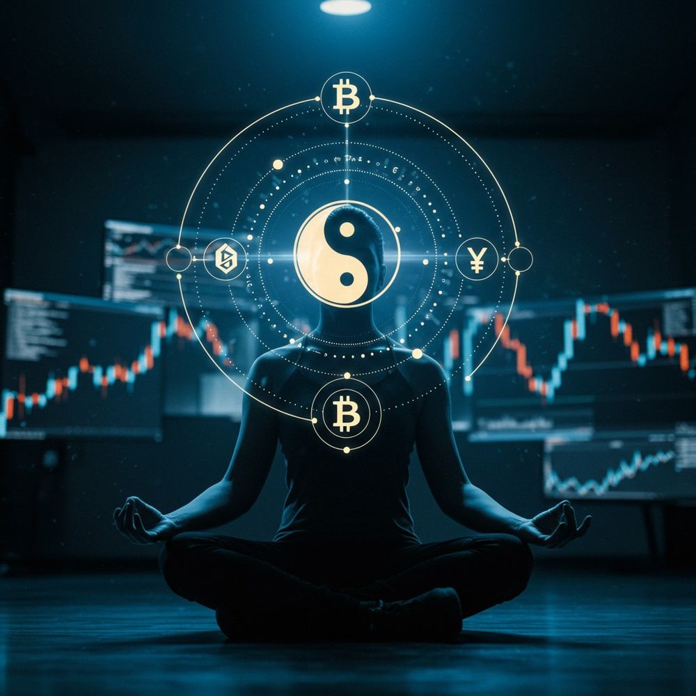 Peaceful meditation or wellness scene with crypto-related elements