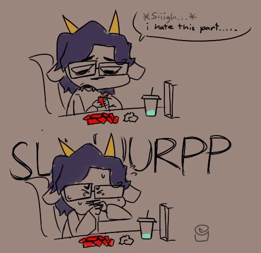 After finishing his fifth and last Steak Quesadilla from Taco Bell, a chimera with dark purple hair dejectedly looks upon the pile of hot sauce he didn’t finish with his food. He holds an open packet, sighing to himself “I hate this part…” and begins to finish the rest of his “food”.