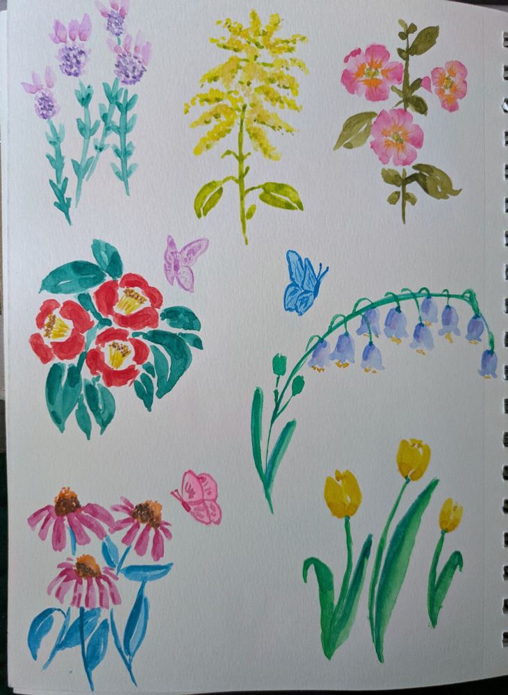 Watercolor flowers. Lavender, tulips, bluebells etc