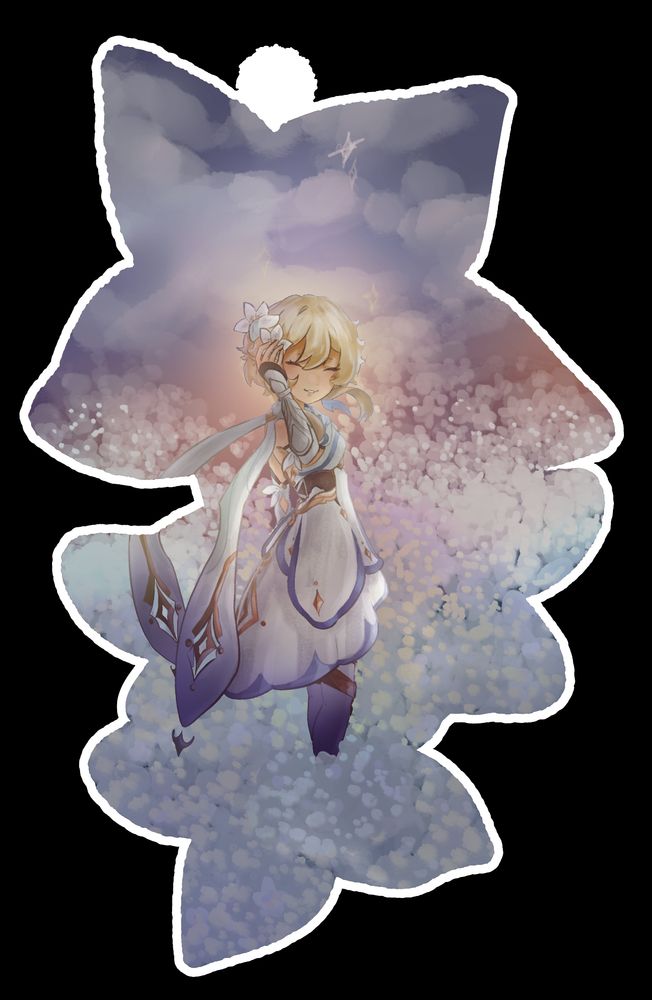 Lumine standing in the sea of flowers, her hand carressing the inteyvat flowers in her hair and smiling