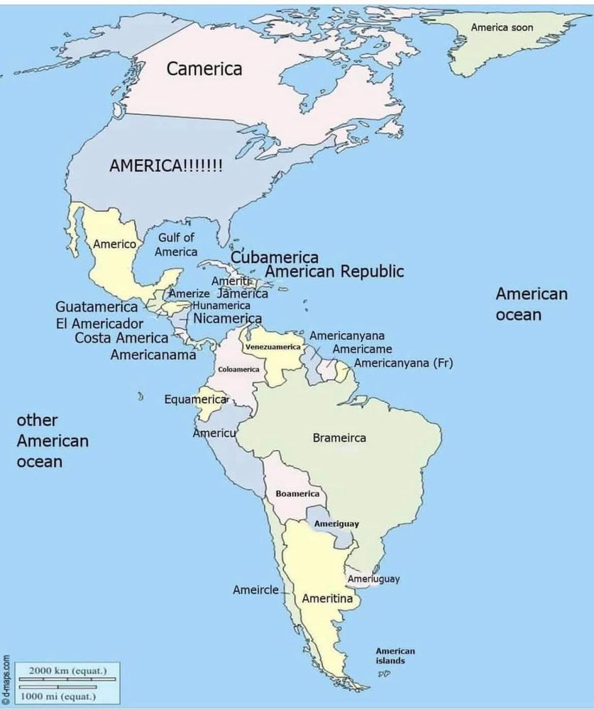 A satirical map of the Americas where every country name is some variation of the word "America," such as "Camerica," "Cubamerica," and "Americanyana."

