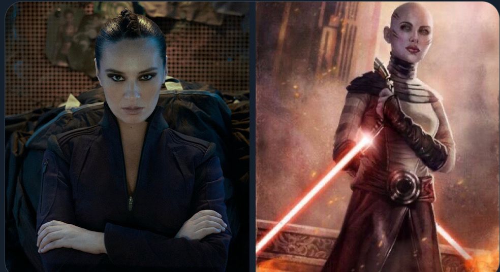 A side-by-side image of actress Cara Gee, portraying Camina Drummer, in a scene from "The Expanse." (L) and realistic photo of Asajj Ventress by Drmistytang #2751265 (R)
