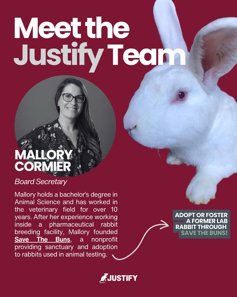 Meet Mallory Cormier 
Co-Founder & Board Secretary of Justify, and founder of Save The Buns, a nonprofit rescuing rabbits from labs.

After working inside a rabbit breeding facility, Mallory turned her experience into action—building sanctuary, adoption, & change.

Stay tuned for her powerful blog.