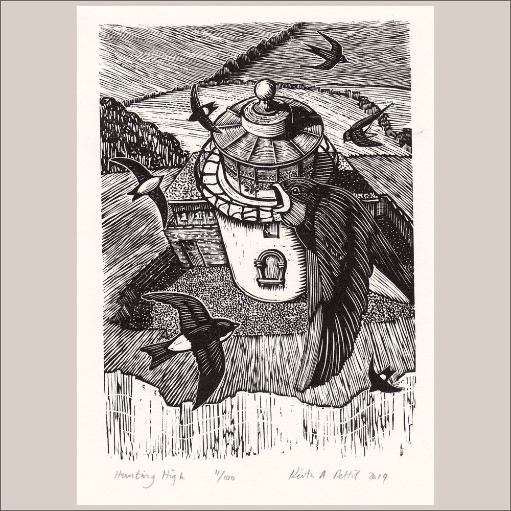 A contemporary wood engraving by Keith A Pettit. showing a birds eye view of Belle Tout Lighthouse near Beachy Head chalk cliffs on the Sussex Coast. With House Martins and Swallows circling, hunting flying insects before they migrate south from the winter.