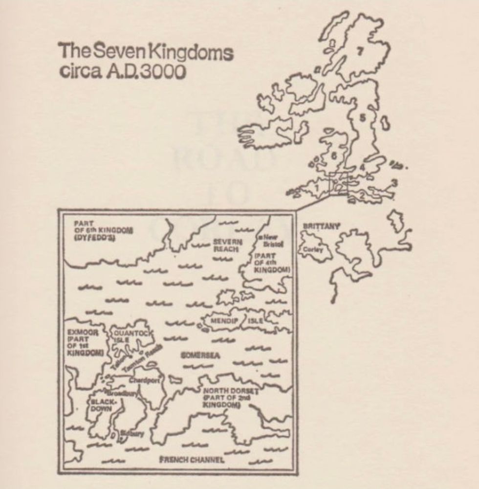 Map of The Seven Kingdoms in 3000 AD, from Richard Cowper's Road to Corlay. The country has been divided by rising water into many islands. Inset of the Somersea.