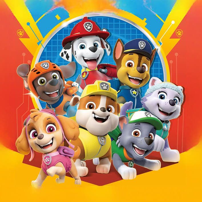The Paw Patrol puppies, arranged in a crescent formation.