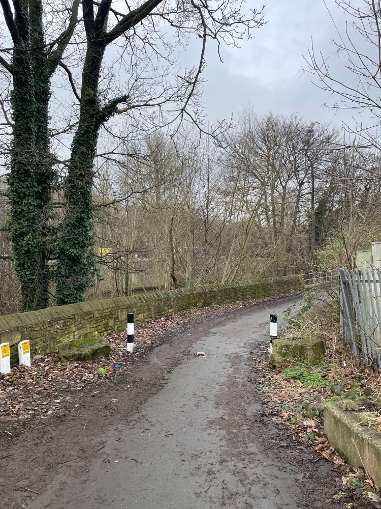 A pathway leading off to the right, flanked by trees and fences