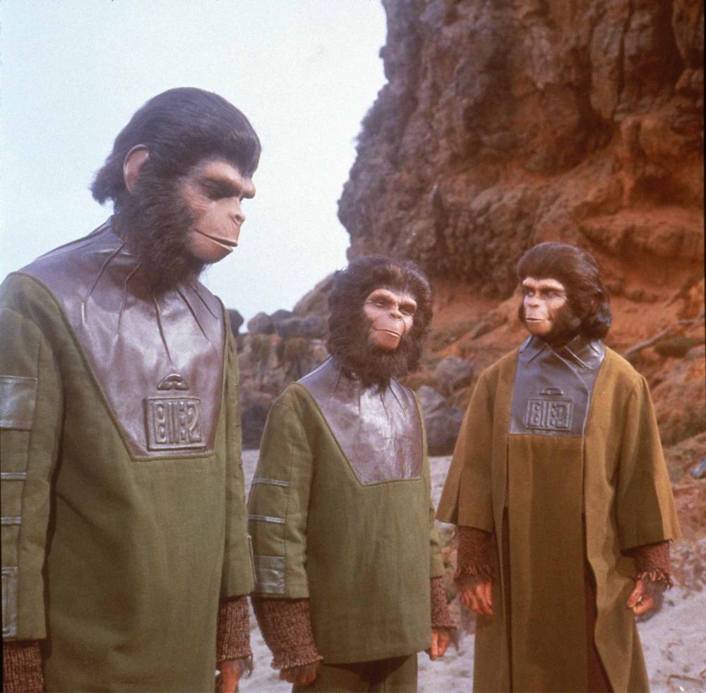 Three intelligent monkeys stood in tunics, barren rocky landscape in background