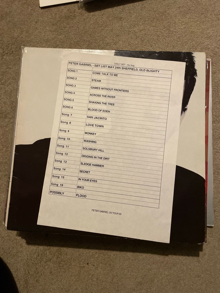 A setlist on top of a vinyl copy of Peter Gabriel’s album ‘So’