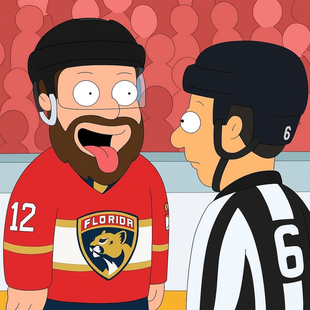 Cartoon drawing of Jonah Gadjovich sticking his tongue out after a fight in Game 3 of the Stanley Cup Final. And a ref looking at him. 