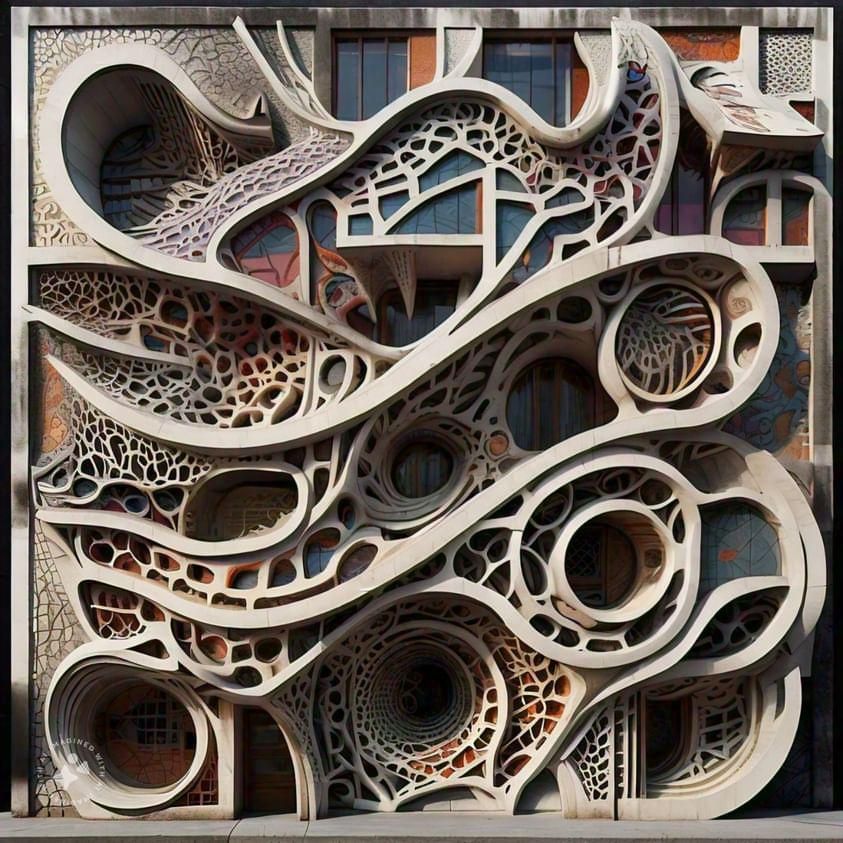 M.C. Escher inspired architectural imagining by Llama 3.1 showing intricate bone like structure.