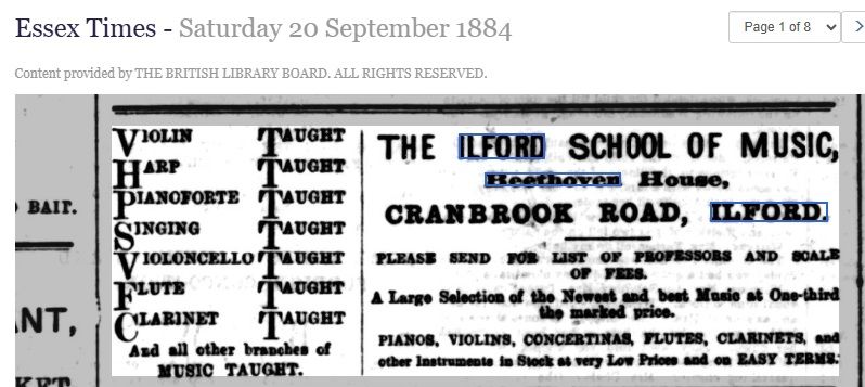 Advert for music tuition at Beethoven House Cranbrook Road in 1884