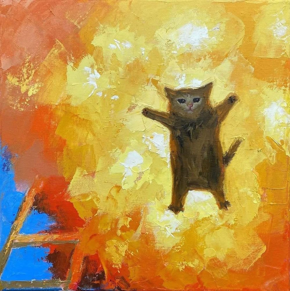 Painting of a cute cat leaping in mid-air with its legs stretched outward, escaping an explosion.