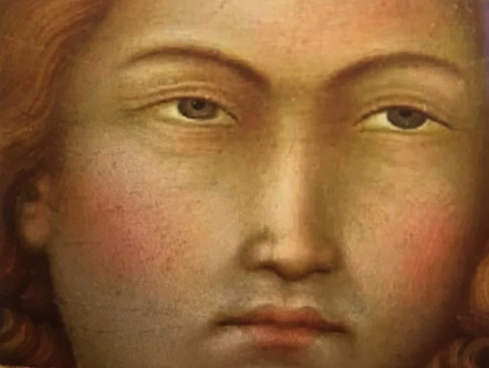 Close-up of a classical-style painted face with a neutral expression. The person has slightly raised eyebrows, faint blush on their cheeks, and eyes that appear unimpressed or tired. The image has a vintage artistic feel.
