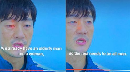 A two-panel screenshot from a TV show featuring a man in a blue tracksuit with a serious expression. The first panel shows him saying, ‘We already have an elderly man and a woman,’ and the second panel continues with, ‘so the rest needs to be all men.’ The scene has a blue-toned background, and the subtitles add to the dramatic effect, making it a meme about exclusionary decision-making.