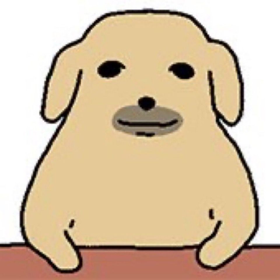 Simple cartoon drawing of a golden dog with a neutral facial expression sitting at a table. The dog’s face has small black eyes, a dark oval nose, and an oddly human-like mouth, creating an unintentionally humorous look.