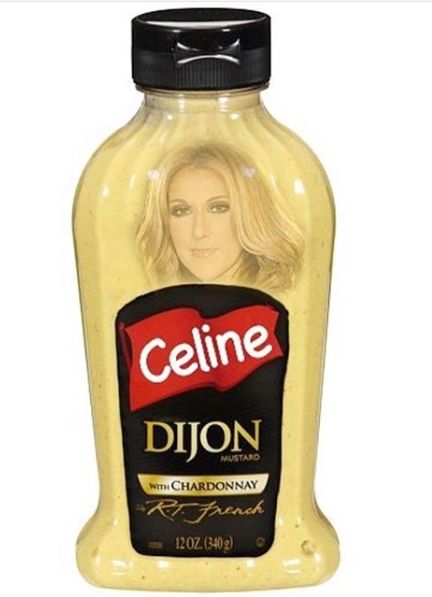 A humorous edited image of a Dijon mustard bottle with the face of singer Celine Dion blended into the mustard. The label reads ‘Celine Dijon’ in a playful pun, referencing the famous singer and the mustard brand.