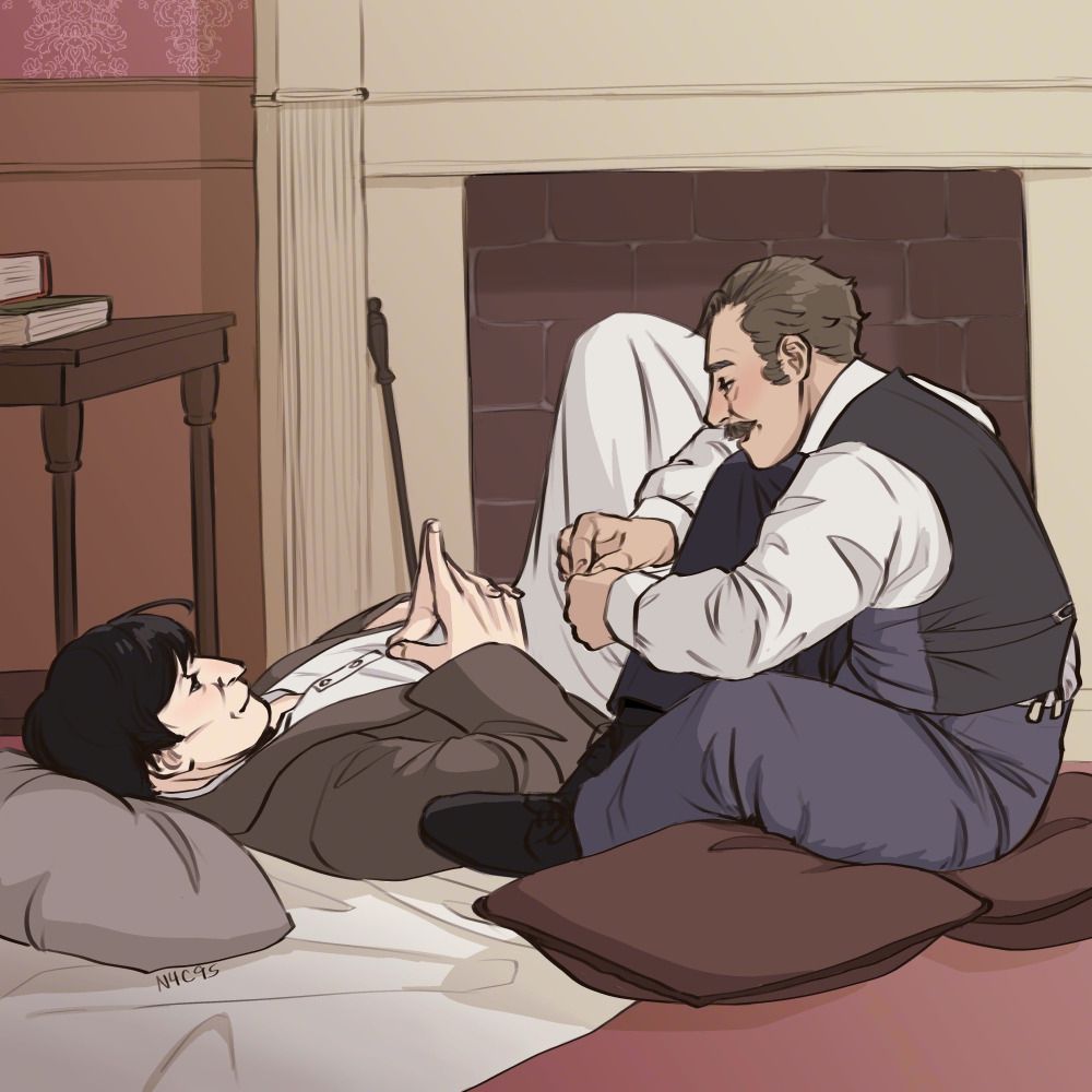 A digital illustration of Sherlock Holmes and John Watson. They are in front of their unlit fireplace. Holmes is lying on the floor on top of a blanket and a pillow. His hair is unstyled and he is wearing a nightgown with his mouse-colored robe. His hands are folded together on his chest with his pointer fingers extended and pressed together. Watson sits close by also on the floor on some cushions. He is in his shirtsleeves and waistcoat. Watson looks like he is speaking and Holmes listens while looking upon him fondly.