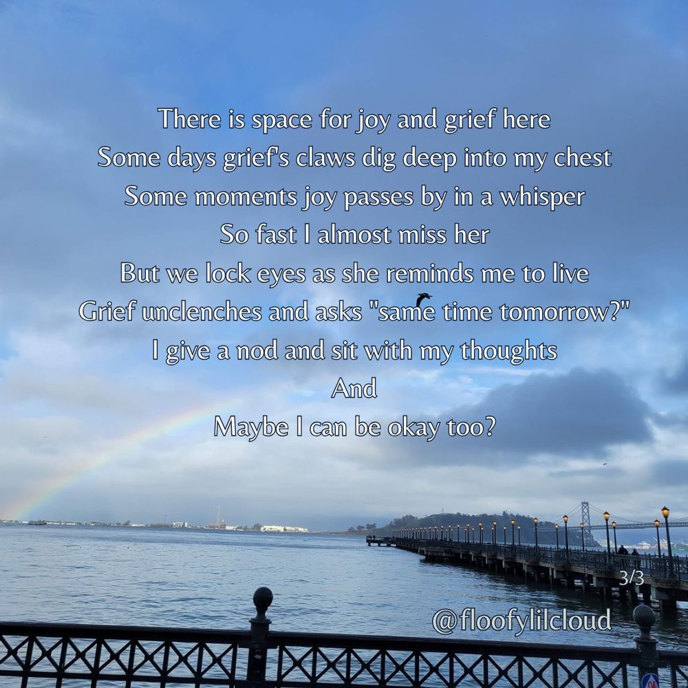 There is space for joy and grief here
Some days grief's claws dig deep into my chest
Some moments joy passes by in a whisper
So fast I almost miss her
But we lock eyes as she reminds me to live
Grief unclenches and asks "same time tomorrow?"
I give a nod and sit with my thoughts 
And
Maybe I can be okay too?

White text on a photograph of the San Francisco Bay. There is a rainbow and a bird flying.