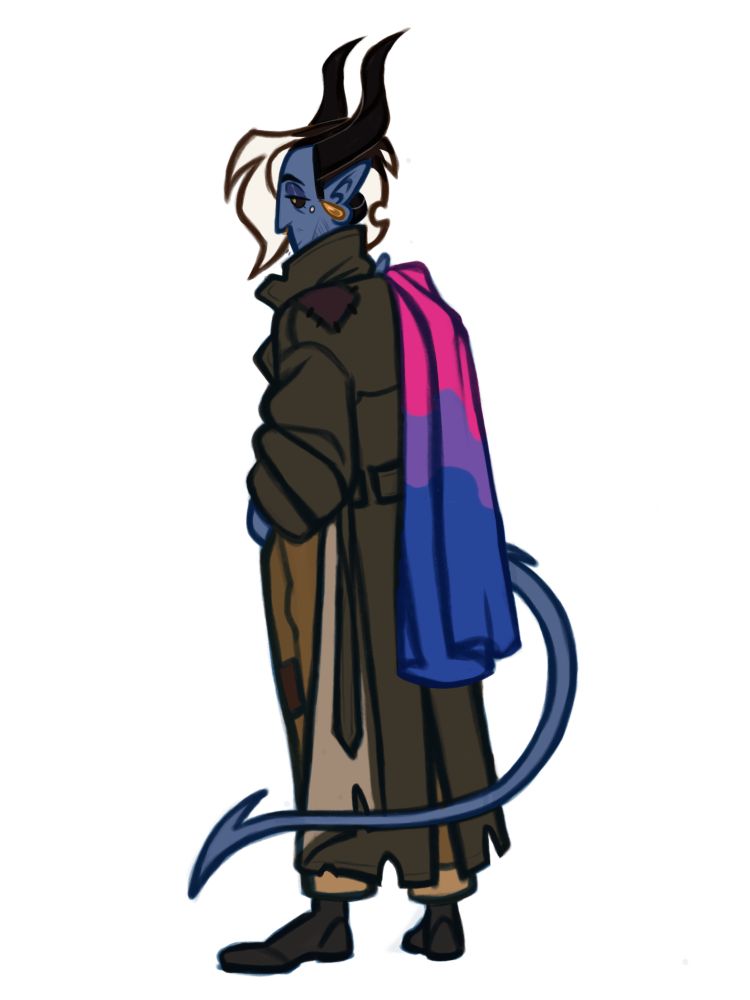 a full body drawing of a blue tiefling in a torn up trench coat. he has his back to the viewer with one hand in his pants pocket and the other holding a bisexual pride flag slung over his shoulder