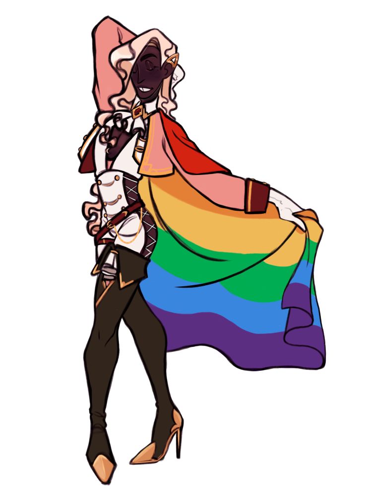 a full body drawing of a dark skinned humanoid in fancy clothing and thigh high stiletto heels. he poses confidently, holding out a rainbow pride flag that he's wearing as a cape