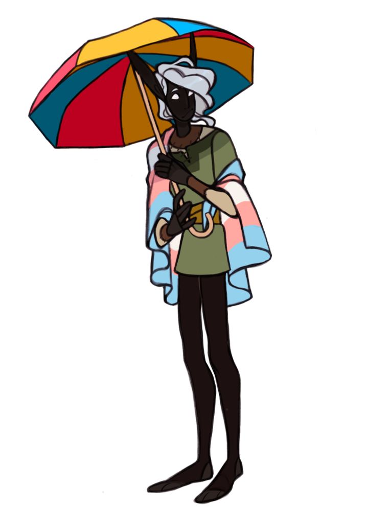 a colored full body drawing of a shy looking drow with an umbrella colored with the pan pride flag colors and a trans pride flag draped around his shoulders