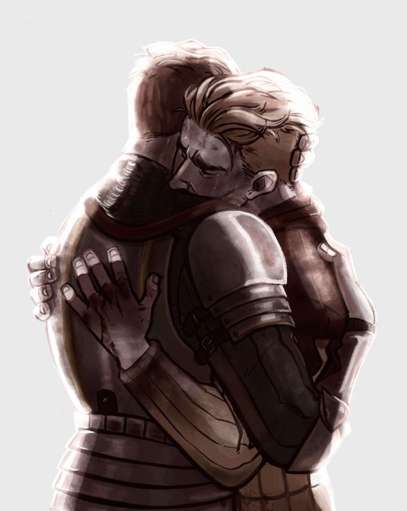 a waist up drawing of Hans and Henry in muted colors and a light background. They embrace tightly, Hans' brow furrowed and eyes closed as he presses his face into Henry's shoulder. Henry faces away from the viewer with his face obscured. Their armor is covered in dirt and dried blood.
