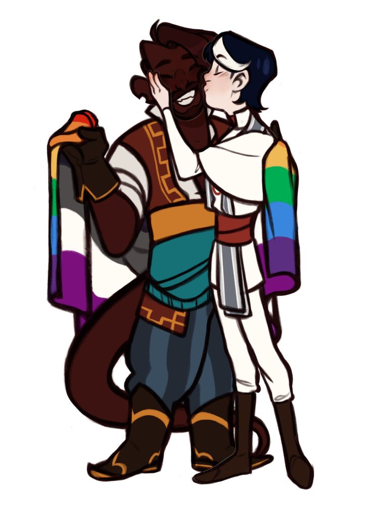 a full body drawing of a tiefling and a human. the tiefling is grinning as the human holds his face and kisses his cheek. he holds a pride flag around both their shoulders. it's rainbow on one side and the ace pride colors on the underside