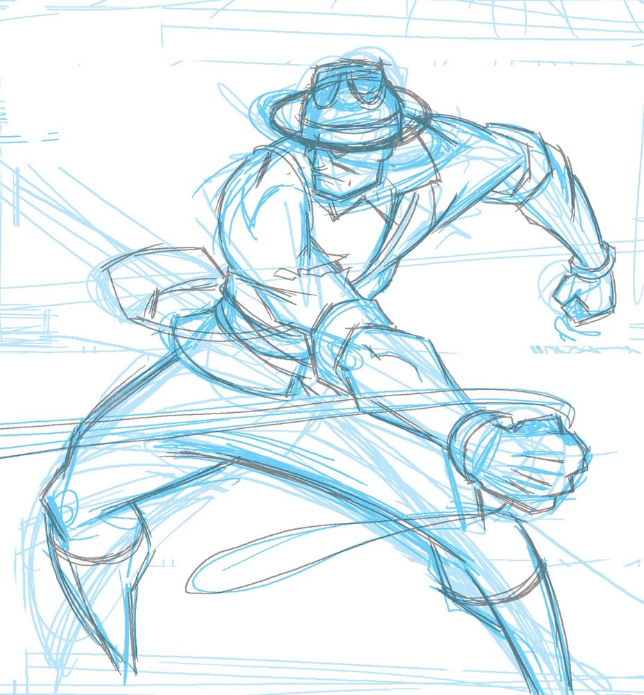 Digital sketch in light blue under-drawing with grey pencil, featuring a large man dynamically pulling a line or rope of some kind with his right arm. He wears a hat that is yet unclear, perhaps one worn by the Canadian Mounties. There are no background details and the drawing is loose and gestural. 