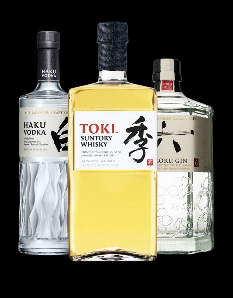 Bottles of vodka, whisky, and gin.