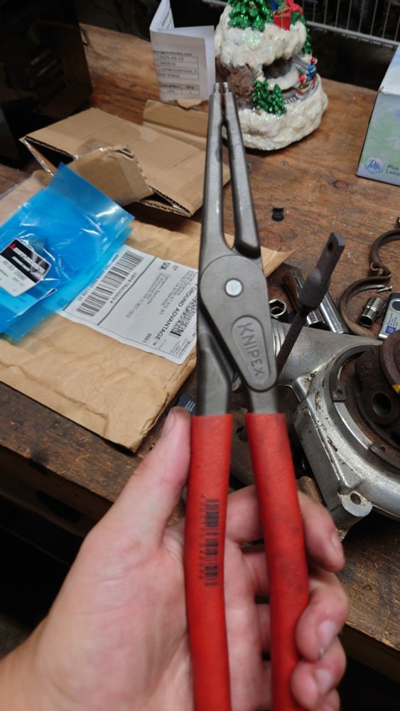 a pair of large Knipex snap ring pliers - the perfect size for removing compressor housings for Mitsubishi turbos found on Volvos and Saabs