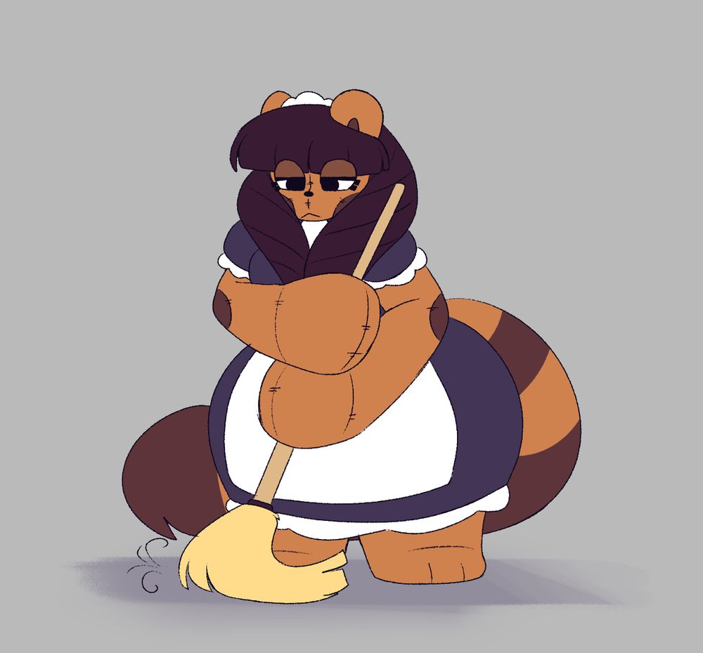 A demure plush suit maid doing her job, sweeping the floor...