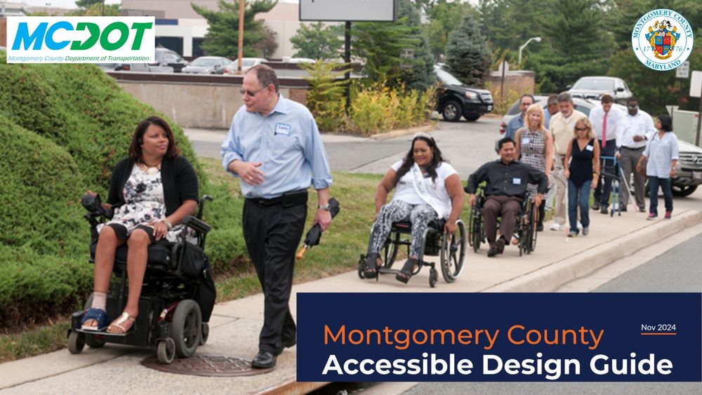 image of disabled montgomery county residents in wheelchairs, using walkers and canes on a sidewalk