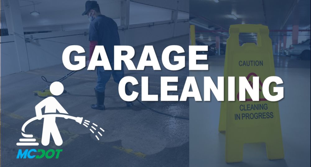 garage cleaning with mcdot logo and image of a man cleaning one of our garages with a spray hose 