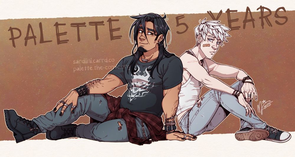 A digital illustration of my OC's Black and White from my webcomic Palette. They're sitting next to each other, back to back. Black, on the left, has a faint smile as he looks at White's direction. White, on the right, looks more to the viewer with a slight smirk.

Behind them is a text "PALETTE 5 YEARS" in big letters.