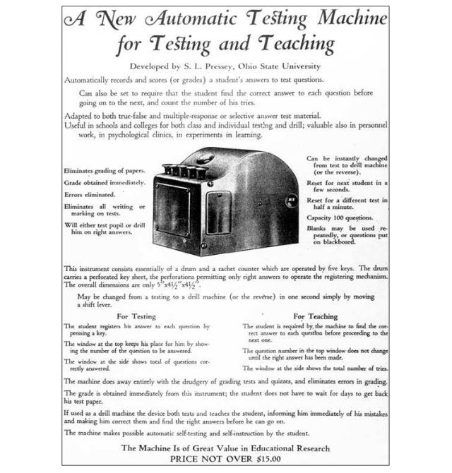 Werbetext für Sidney Pressey's Automatic Teacher Maschine. 