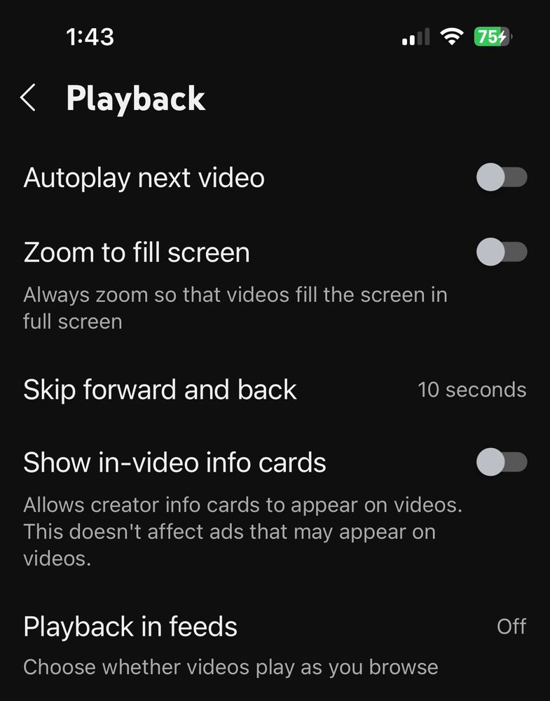 Image shows the personal YouTube settings for play back