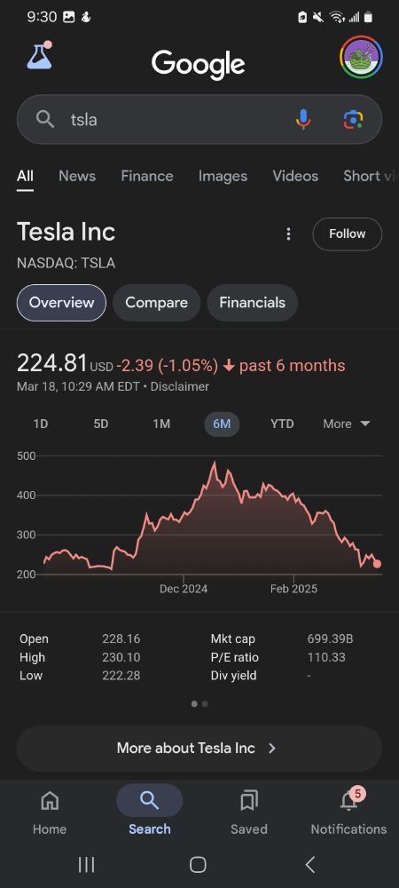 A screenshot of the Google stock information for Tesla. It shows the past 6 months of the stock price, the line is red to indicate loss. There is a large peak, before an equally large drop. The current price is $224.81. It is down $2.39 or 1.05%. 