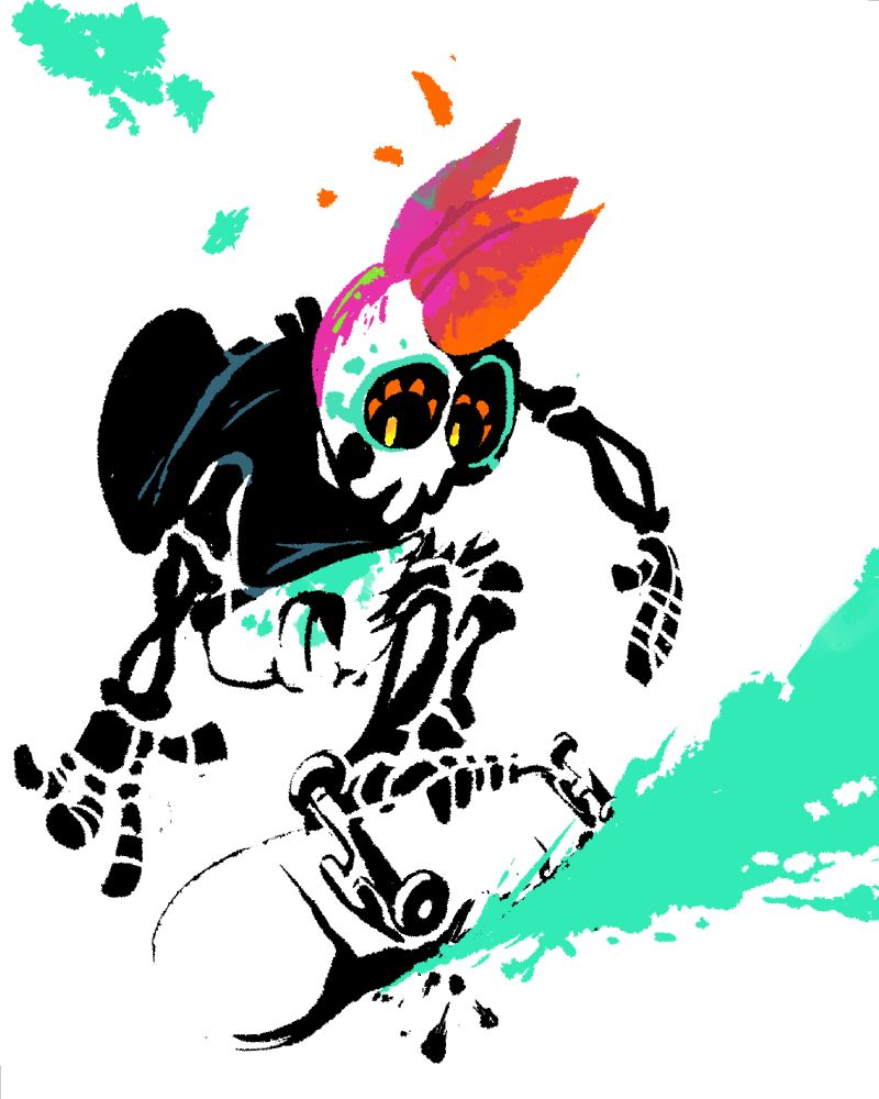 Calavera skeleton doing some kinda primo stance on his skateboard