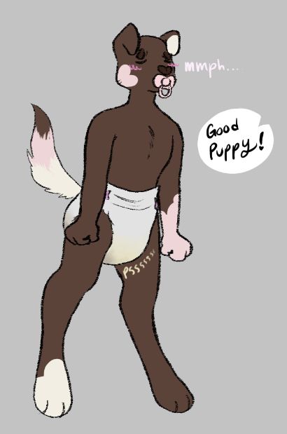 a simple digital drawing of an anthro puppy/dog person standing with their hands at either side of themselves as they pee into a diaper. Someone off-screen says "Good Puppy!"